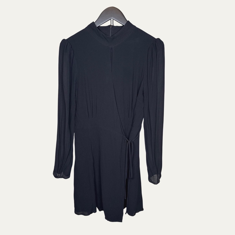 Reformation Black Mock Neck Long Sleeve Wrap Mini Dress Size L Keyhole Cutout
